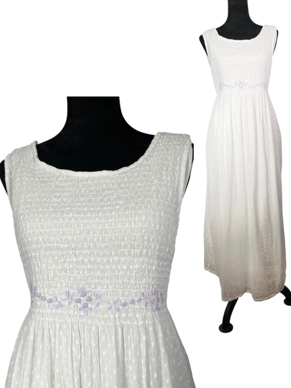 Pudding Shop White Maxi Dress Prairie Boho Long Floral Embroidered Cottagecore